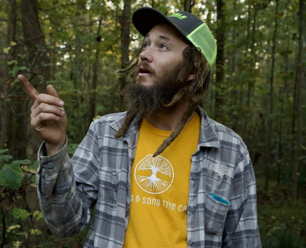 An arborist looking at and discussing trees.