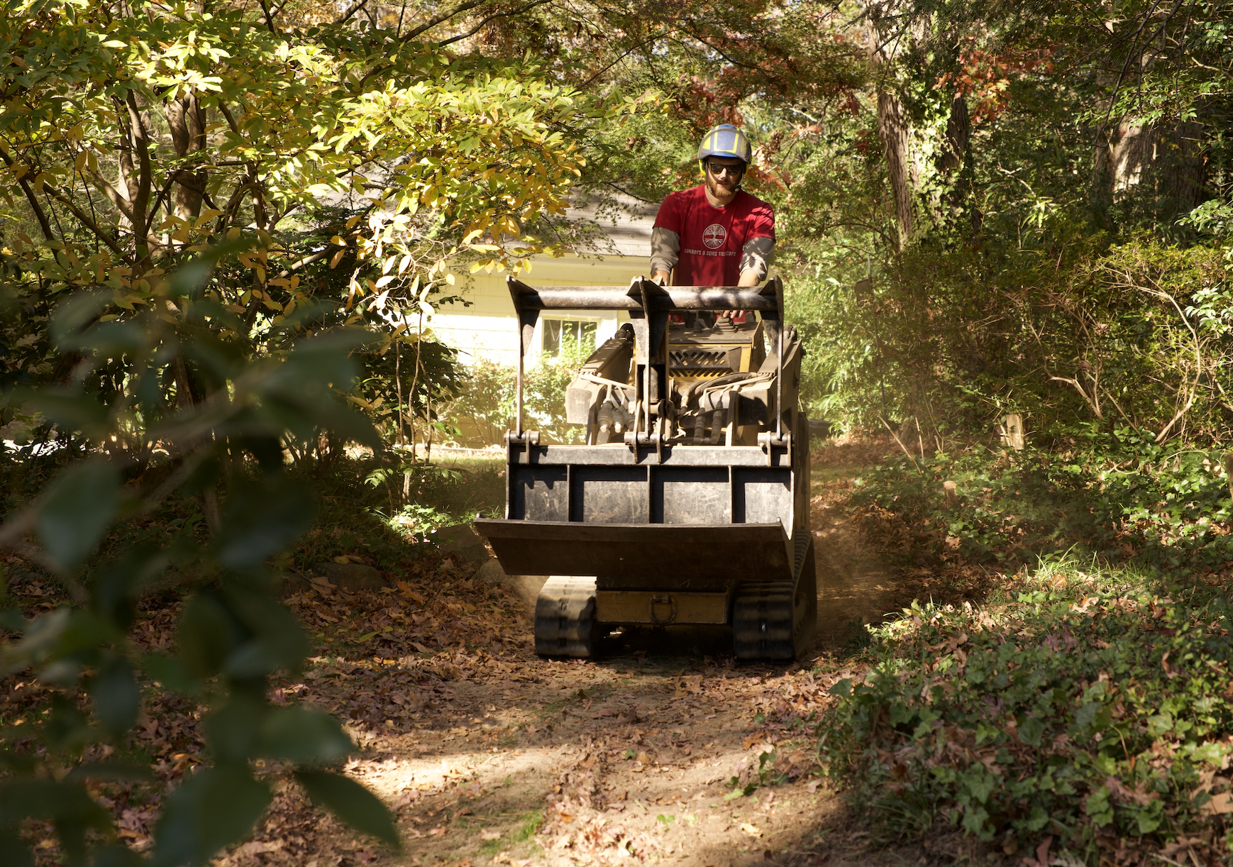 Ben drives the mini skid-steer for debris removal during a large white oak removal.